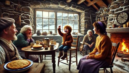 johnny layton kills a bear story, rock house, wooden table, family, breakfast