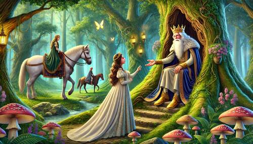 princess rosetta story, young ladies on horses, queen, old hermit, forest