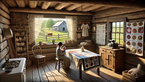 silent influences story, girl holds a baby, wooden floor cabin