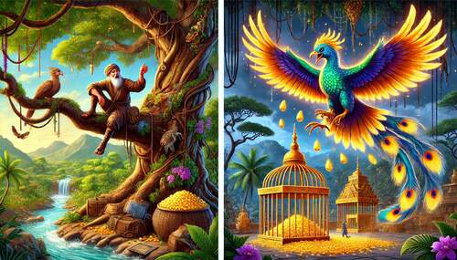 tale of golden droppings story, colorful tree, bird, old man on tree