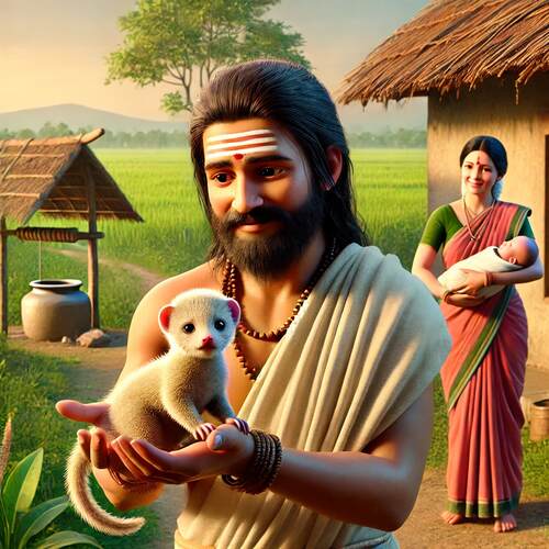 the brahmani and the mongoose story, brahmin man and his wife holding a baby