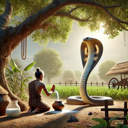 the brahmin and the cobra story, farmer offering milk to cobra under the tree