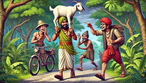 the brahmin and the crooks story, brahmin carrying a goat walks on a jungle road