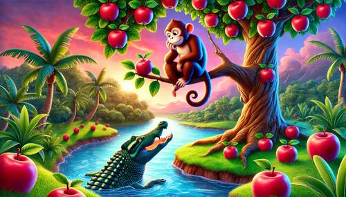 the crocky and the monkey story, monkey on apple tree, crocodile in river