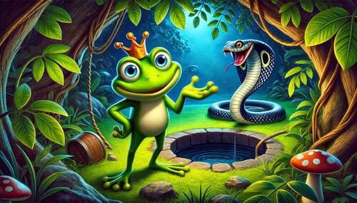 the greedy cobra and the king of frogs story, dark well surrounded by lush greenery