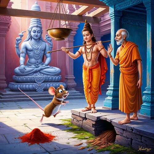 the hermit and the mouse story, shiva statue and two saints