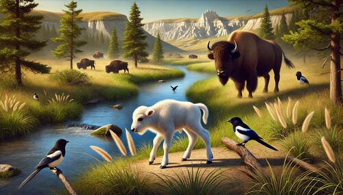 the mustering of the herds story, white bison calf, buffalo, river