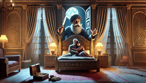 the old man his wife and the thief story, old merchant and his young wife in luxurious bedroom