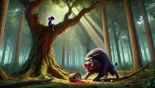 the wild boar story, young girl in a large tree, wild boar